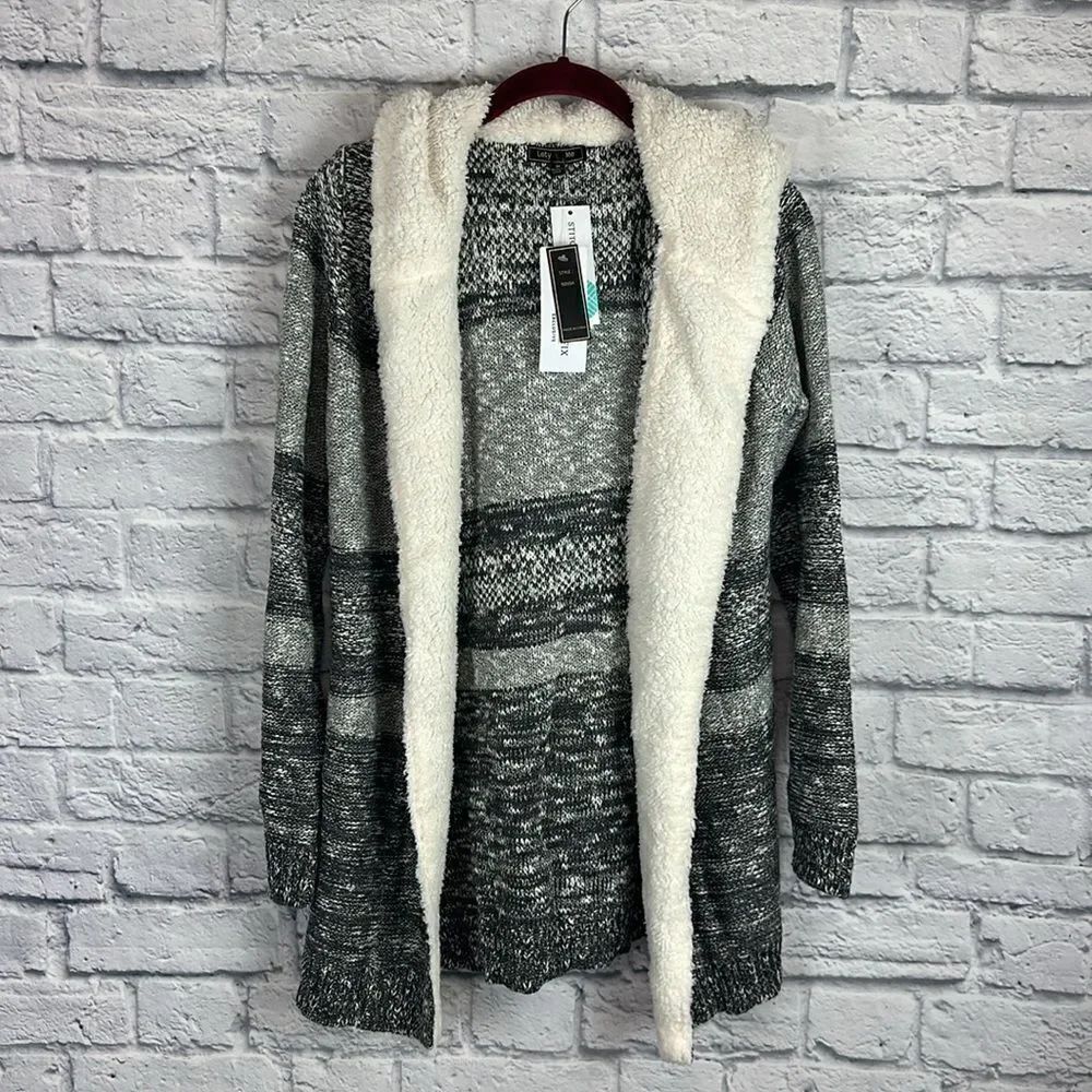 Lety & Me Dockerie Sherpa Trim Hooded Open Cardigan Size Medium NWT